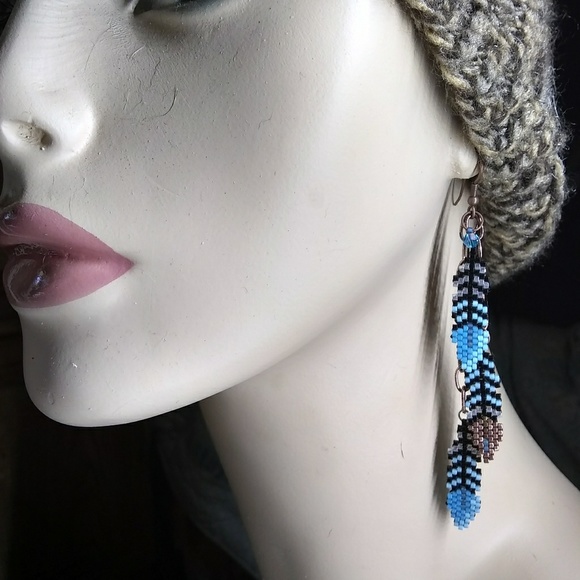 Beaded Handmade Turquoise Feather Long Earrings - Picture 3 of 6